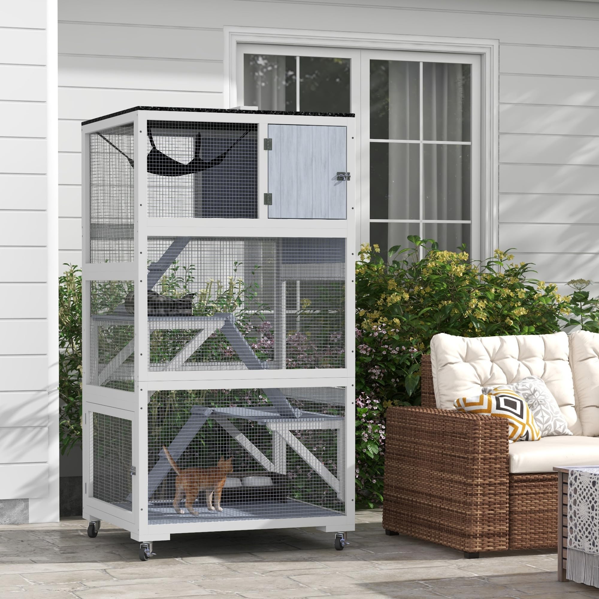 Pawhut Catio, Outdoor Cat Enclosure House, Wooden Feral Cat Shelter On Wheels, Cat Cage With Hammock, Platforms Ramps, And Weath